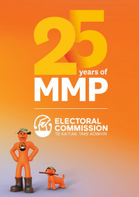 25 Years of MMP, Electoral Commission logo, Orange Guy and Pup
