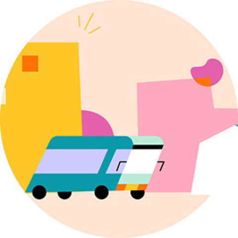 A simple illustration of a bus driving through a colourful city